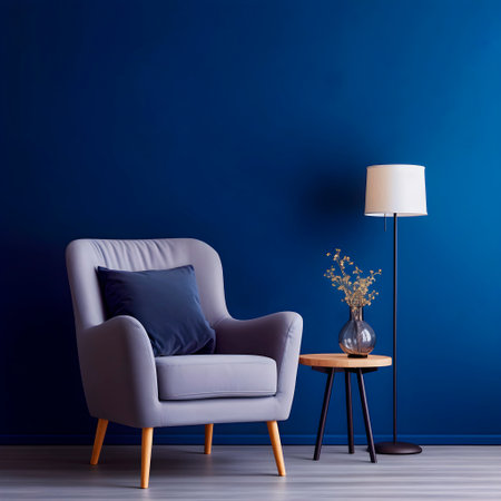 Armchair with lamp and blue wall. AI Generative.の素材