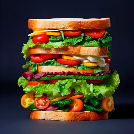 Close-up of a huge vegetable sandwich. AI Generative.の素材