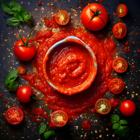 Top view of natural tomato sauce. AI Generative.の素材