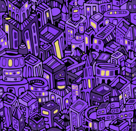 Panorama view old town at night in violet seamless patternのイラスト素材