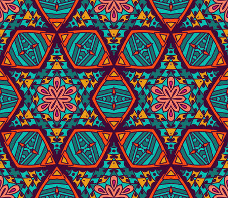 Abstract festive colorful graphic mosaic vector ethnic tribal pattern. geometric floral designのイラスト素材