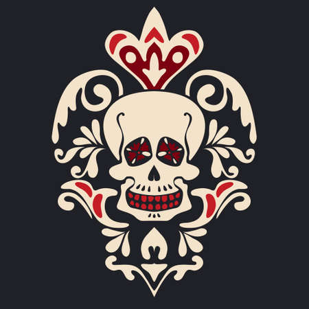 Skull front view in center of floral pattern Heraldic vintage label on black background.. damask floral scull emblemのイラスト素材