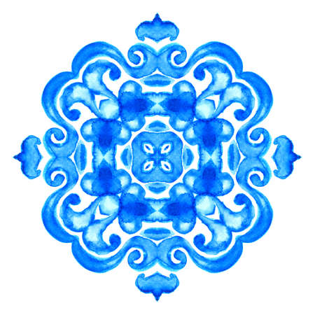 Abstract floral watercolor  pattern tile. hand drawn painted  design. classic blue  damaskの写真素材