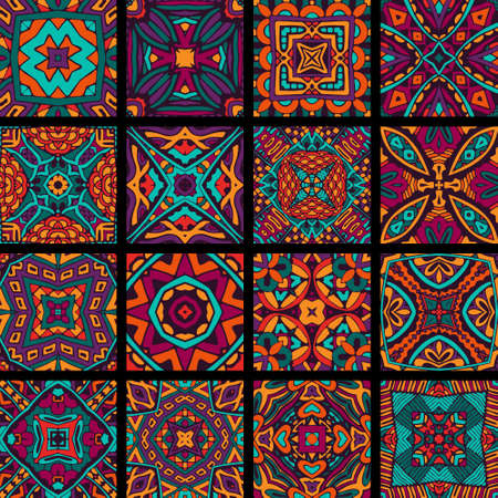 set of seamless pattern. Vintage decorative tiles elements. Abtract festive colorfull geometric designsのイラスト素材