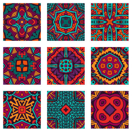 Seamless geometric flower Ethnic pattern background. Endless texture for wallpaper, pattern fills, web page background, surface textures. Set of colorful geometric ornaments, isolated design elements.のイラスト素材