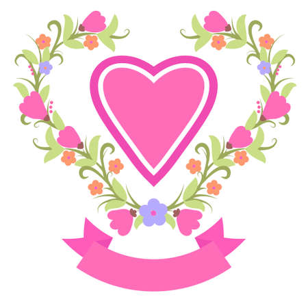Spring and summer Vintage Floral wreath with heart and Blooming garden flowers. Design for invitation, wedding or greeting cardsのイラスト素材