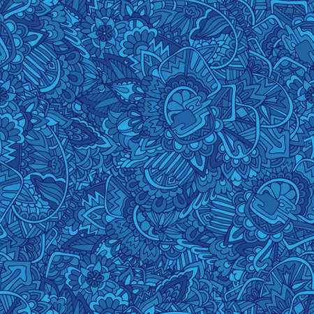 Unique hand drawn doodle ornamental curly cartoon floral abstract vector seamless pattern. Blue background wild tribal. Perfect for site backgrounds, wrapping paper and fabric design.のイラスト素材