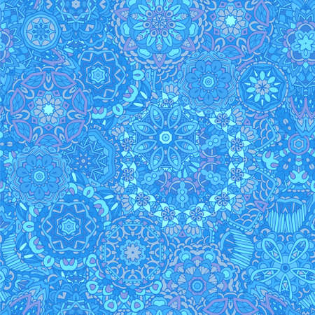Unique hand drawn doodle ornamental curly cartoon floral abstract vector seamless pattern. Blue background wild tribal. Perfect for site backgrounds, wrapping paper and fabric design.のイラスト素材