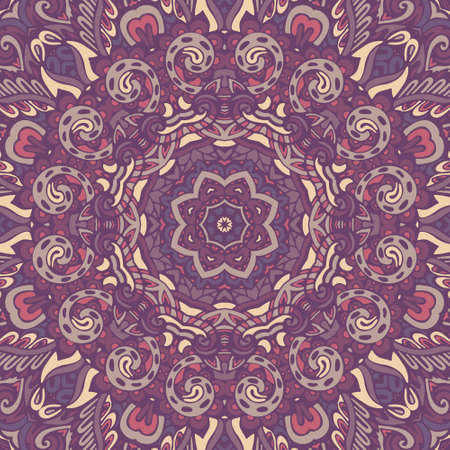 Purple abstract geometric tiles bohemian ethnic seamless pattern ornamental. Hand drawn graphic printのイラスト素材