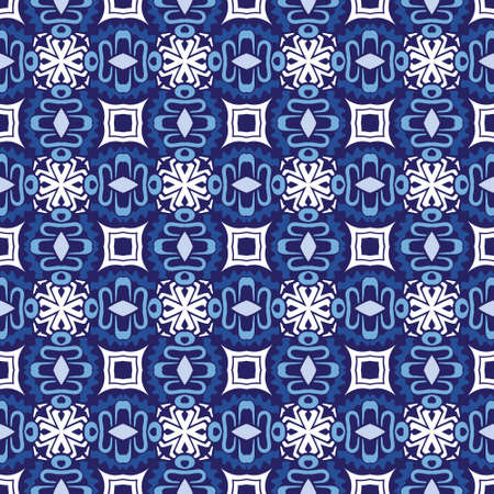 Decor tile texture print mosaic oriental pattern with blue ornament arabesque. Geometric blue and white ceramic designのイラスト素材