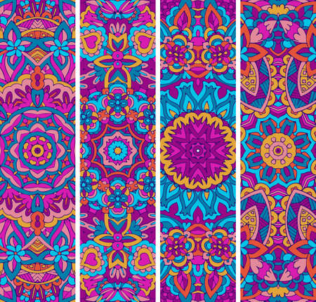 Festive ornamental vector ethnic banner set. Psychedelic mexican color pattern collectionのイラスト素材