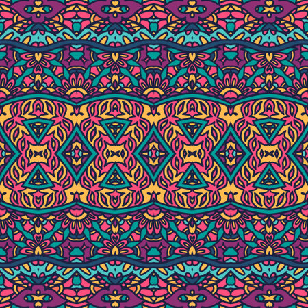 Abstract Tribal vintage indian textile ethnic seamless pattern ornamental. Vector colorful geomertric art background with playful rhombusのイラスト素材