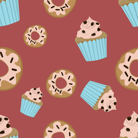 A pattern with buttercream cupcakes that are decorated with chocolate chips in a blue shape and donuts with icing and chocolate chips on a burgundy background.のイラスト素材