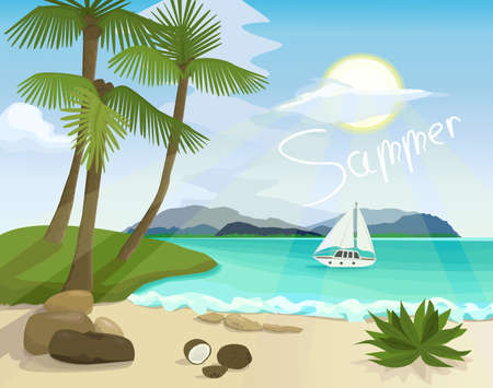 Summer day. Clouds float across the sky. Heated by the sun's rays, the sandy beach of the sea, in the distance of the sea, you can see a yacht with a white sail, on the shore there are stones, coconuts and a small bush.のイラスト素材