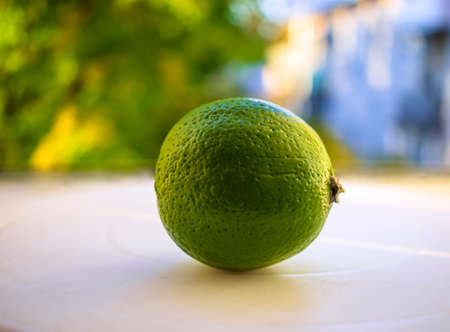 Green lime close-up on a sunny summer morning lies on the window.の写真素材