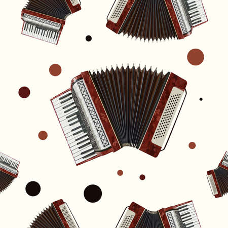 A pattern of an open red accordion on a milky background and circles.のイラスト素材