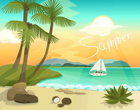 Summer evening. Clouds are floating in the sky. The sandy beach of the sea is illuminated by the sunset rays, a yacht with a white sail is visible in the distance from the sea, there are stones, coconuts and a small shrub on the shore.のイラスト素材