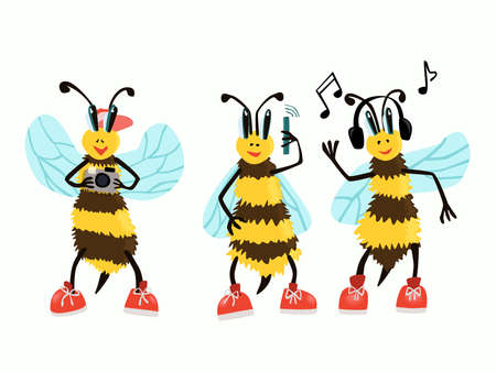 Three smiling bees. One with a camera, the second with a phone and the third listens to music with headphones.のイラスト素材