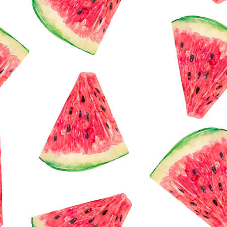 A pattern of watercolor watermelon slices arranged on a white background.の写真素材