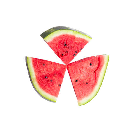 Three slices of juicy red watermelon isolated on a white background.の写真素材