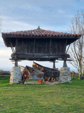 Asturian hÃ³rreo on a beautiful cliff over the sea with blue skyの写真素材