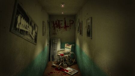 Horror and creepy walk way and wheelchair in front of the examination room in the hospital and help Blood .3D renderingの写真素材