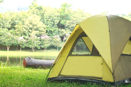 Camping green tent in forest near lakeの写真素材