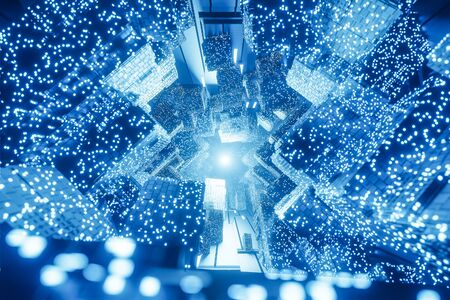 abstract digital Futuristic Sci-Fi background, big data, computer hardware, network, blue neon light, 3d model and illustration.の写真素材