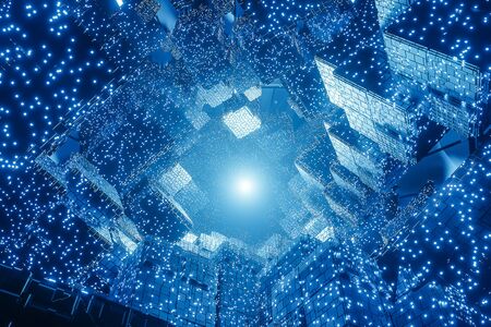 abstract digital Futuristic Sci-Fi background, big data, computer hardware, network, blue neon light, 3d model and illustration.の写真素材