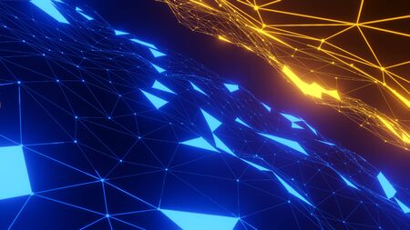 Abstract plexus blue and orange geometric shapes.,Communication And Technology Network Background.,Connection And Web Concept.,3d model and illustration.の写真素材