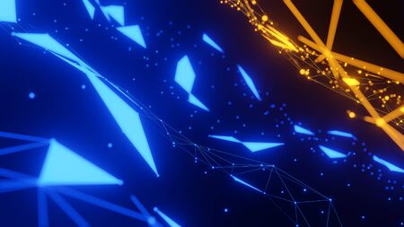 Abstract plexus blue and orange geometric shapes.,Communication And Technology Network...