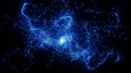 Abstract background with swirl and moving and flicker shining blue particles.,3d model and illustration.の写真素材