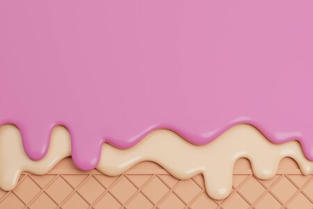 Strawbery and Vanilla Ice Cream Melted on Wafer Background.,3d model and illustration.の写真素材