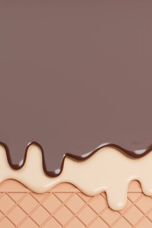 Chocolate and Vanilla Ice Cream Melted on Wafer Background.,3d model and illustration.の写真素材