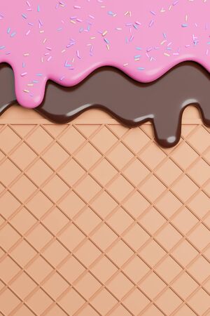 Chocolate and Strawbery Ice Cream Melted with Sprinkles on Wafer Background.,3d model and illustration.の写真素材