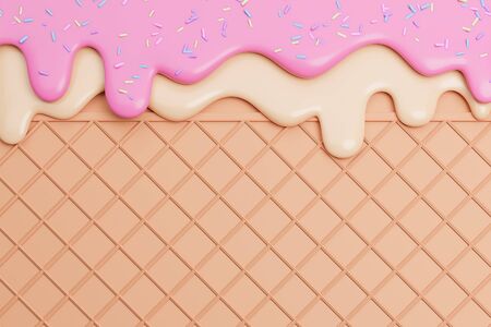 Strawbery and Vanilla Ice Cream Melted with Sprinkles on Wafer Background.,3d model and illustration.の写真素材