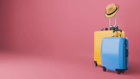Yellow and blue suitcase with sun hat and glasses, camera on pastel background., travel concept.,3d illustration.の写真素材