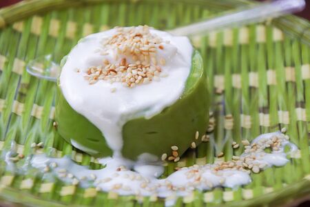 Pandanus Pudding in Sweet Coconut Cream, traditional Thai desserts decorated in modern style, with a Thai name called Ka-nom piak-poon.の写真素材