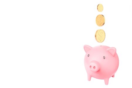 Pink piggy bank and many Golden coins tower on white background.3d model and illustration.の写真素材