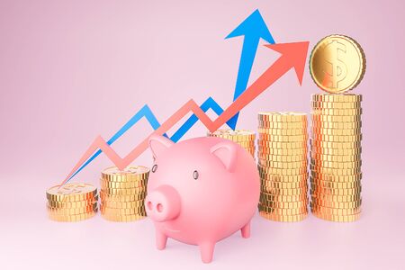 Piggy bank and golden coin stack and finance graph chart on pink background., Money saving and investment concept and saving ideas and financial growth.3d model and illustration.の写真素材