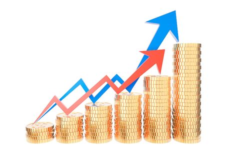 Golden coin stack and finance graph chart on white background., Money saving and investment concept and saving ideas and financial growth.3d model and illustration.の写真素材
