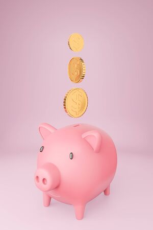 Pink piggy bank and many Golden coins tower on pastels background.3d model and illustration.の写真素材