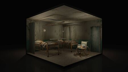 Horror and creepy ward room in the hospital with wheelchair.,3d illustration.の写真素材