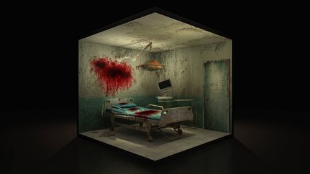 Horror and creepy abandoned operating room in the hospital with blood. 3d illustration.の写真素材