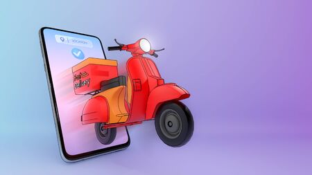 Scooter of ejected from a mobile phone.,Concept of fast delivery service and Shopping online.,3d illustration with objectの写真素材