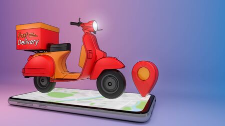 Scooter on mobile phone with red pinpoint.,Concept of fast delivery service and Shopping online.,3d illustrationの写真素材