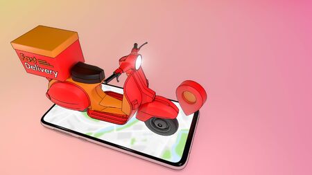 Scooter on mobile phone with red pinpoint.,Concept of fast delivery service and Shopping online.,3d...