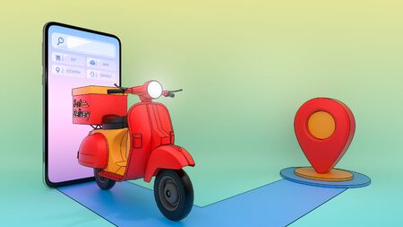 Scooter of ejected from a mobile phone.,Online mobile application order transportation service.,Concept of fast delivery service and Shopping online.,3d illustration with objectの写真素材