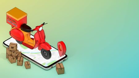 Mobile phone and Scooter with many paper box and red pin pointers.,Concept of fast delivery service...