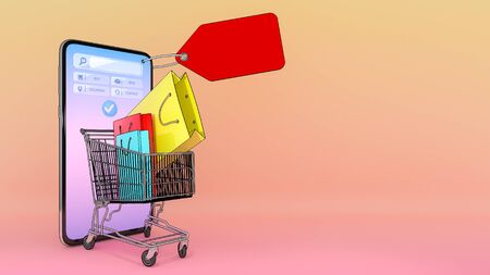 Many Shopping bag and price tag in a shopping cart appeared from smartphones screen., shopping online or shopaholic concept.,3d illustration with objectの写真素材